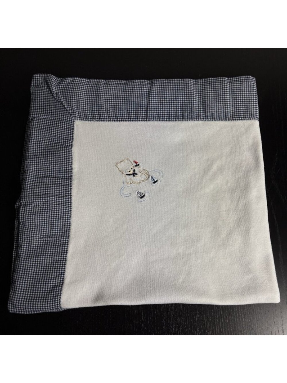 Vintage STARTING OUT Baby Blanket White Navy Blue Gingham Trim Teddy Bear Boats